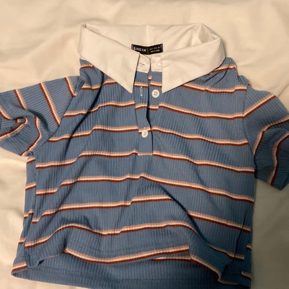 Blue, red, pink and white striped and ribbed crop top with a collar